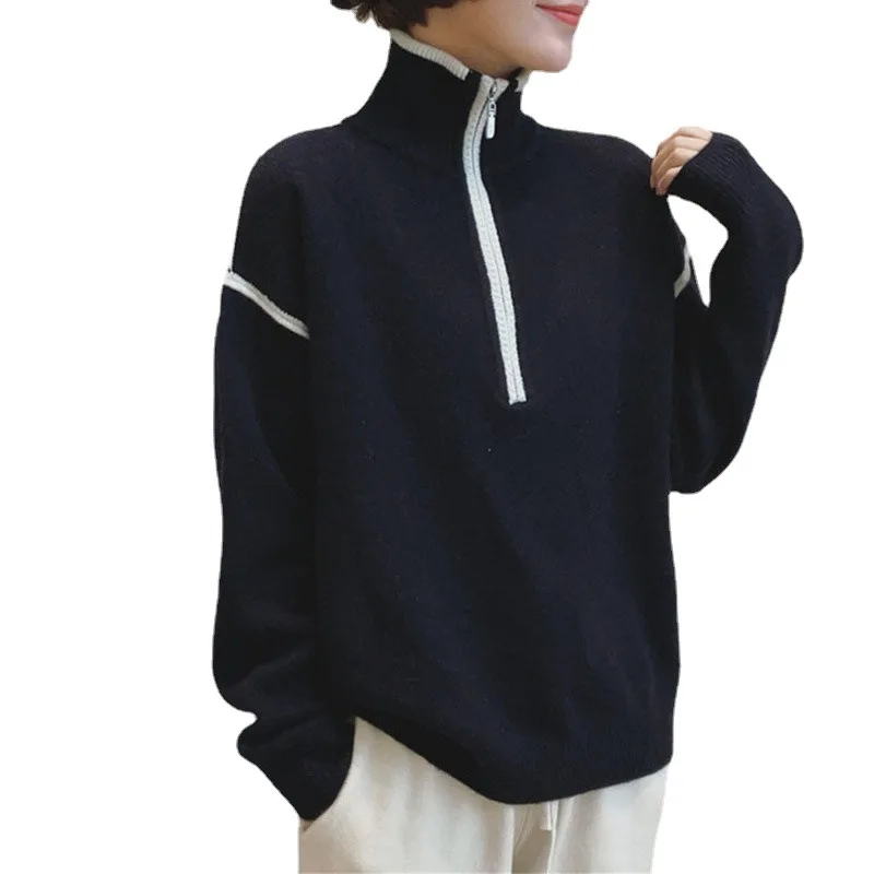 Jaunu trikotāža sieviešu rudens/ziemas mīksta, lipīga mētelis rāvējslēdzēju piecelties apkakle džemperis sievietēm ir brīvs džemperis top
