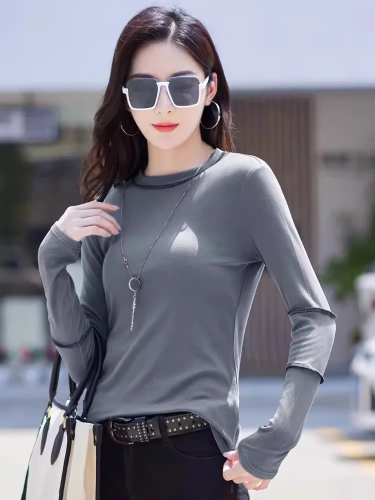 Jaunā Sieviešu Pamati T-krekls Pavasara Rudens Modes Spilgtu Līniju Apdare O-veida Kakla garām Piedurknēm Slim Topi Trikotāžas Krekls Bottomming