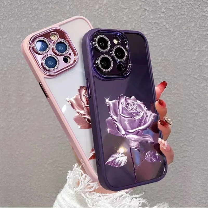 Dzirkstošais Rožu Piemērots iPhone 14Pro Max 11 12 13Plus Telefonu Gadījumā ar Dzirkstošo Pulveris Objektīvs Filmu Skrāpējumiem Aizsargājošo Vāciņu