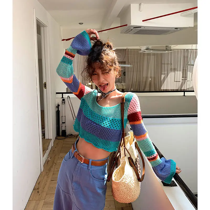 2023 Jaunā Pavasara Vasaras Tendence Sexy Raibs Multicolor Adīšanas Dobi No O-veida kakla garām Piedurknēm T-Krekls Femme Modes Apgrieztu Augšu